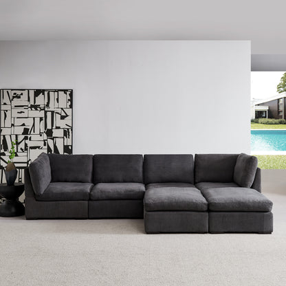 Modular Sofa with Ottoman,Filled with Down,Soft Linen Fabric,Dark Grey