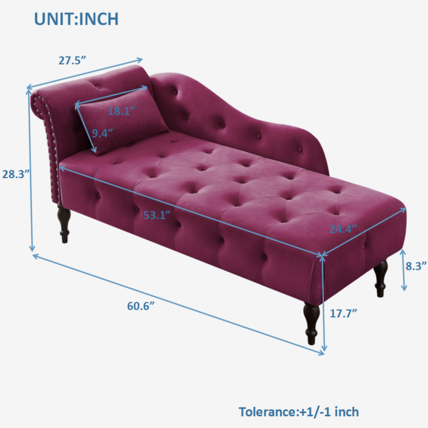 60.6" Velvet Chaise Lounge Buttons Tufted Nailhead Trimmed Solid Wood Legs with 1 Pillow,Burgundy (Left Arm Design as Shown in the Picture)