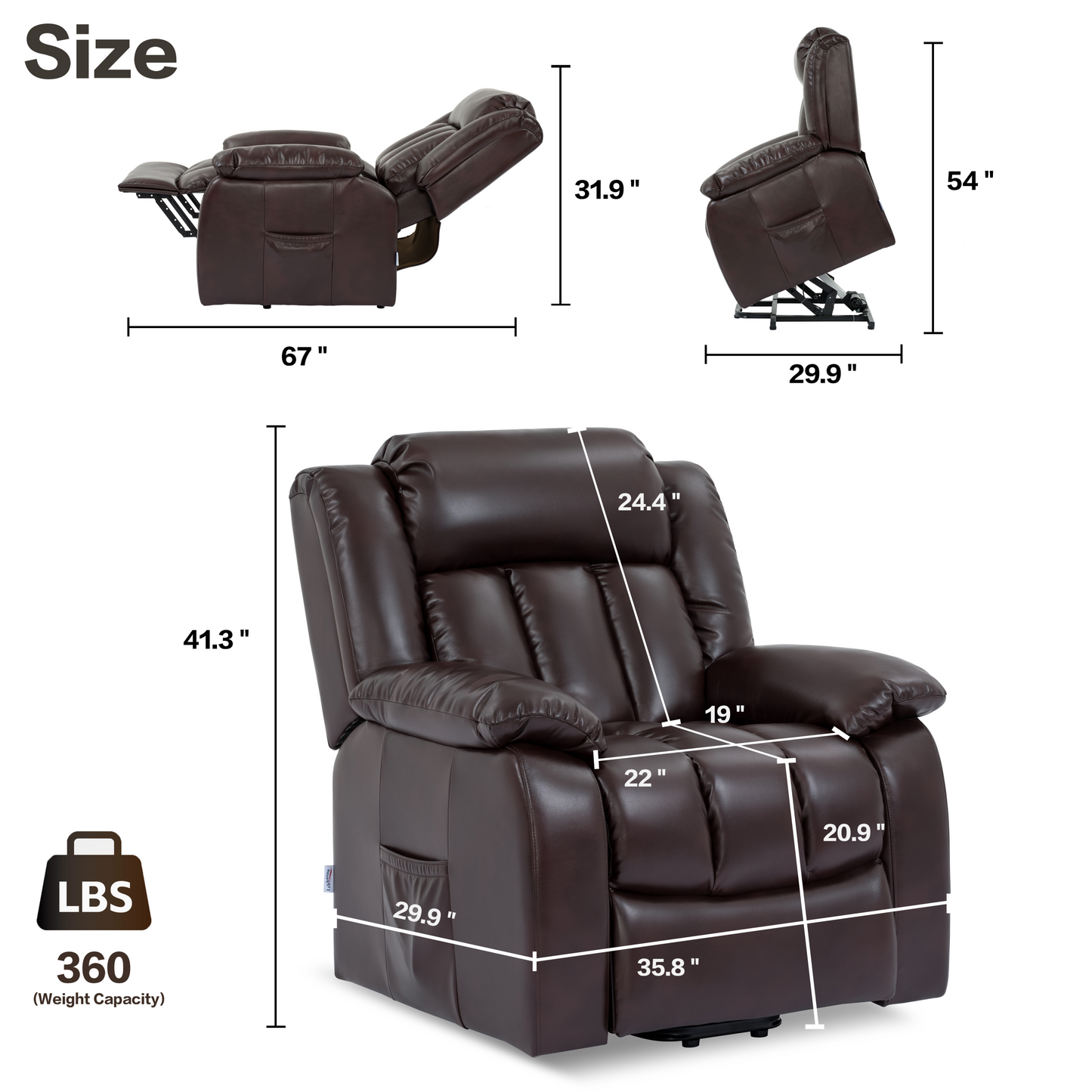 Lift Recliner Chair, Electric Power Recliner Chair for Elderly, (Red Brown)