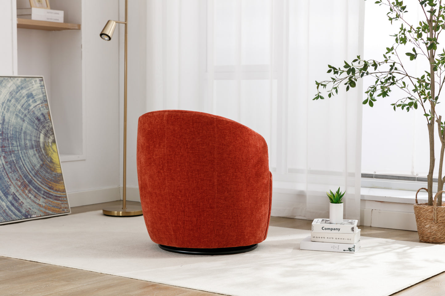 Fabric Swivel Accent Armchair Barrel Chair With Black Powder Coating Metal Ring,Orange