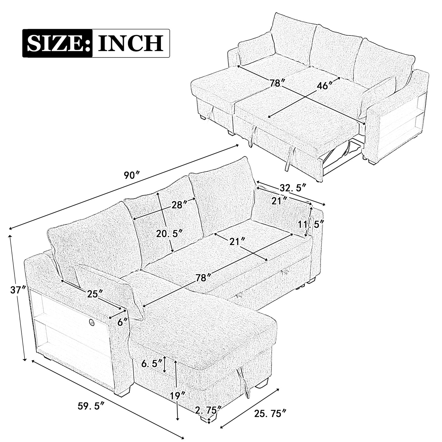 90" Pull Out Sleeper Sofa L-Shaped Couch Convertible Sofa Bed with Storage Chaise, Storage Racks and USB Ports, Light Brown