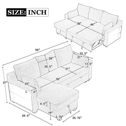 90" Pull Out Sleeper Sofa L-Shaped Couch Convertible Sofa Bed with Storage Chaise, Storage Racks and USB Ports, Light Brown