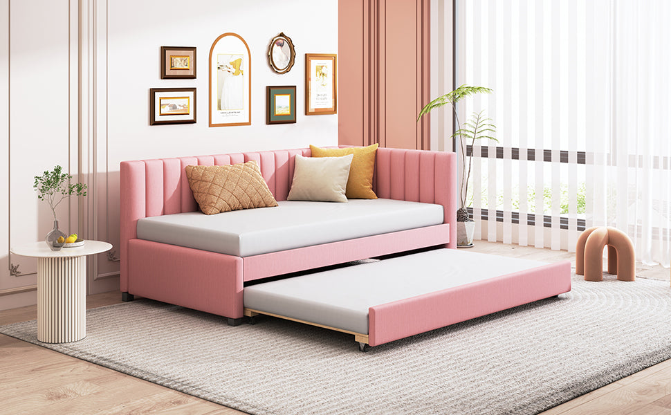 Upholstered Daybed with Trundle Twin Size Sofa Bed Frame No Box Spring Needed, Linen Fabric(Pink)