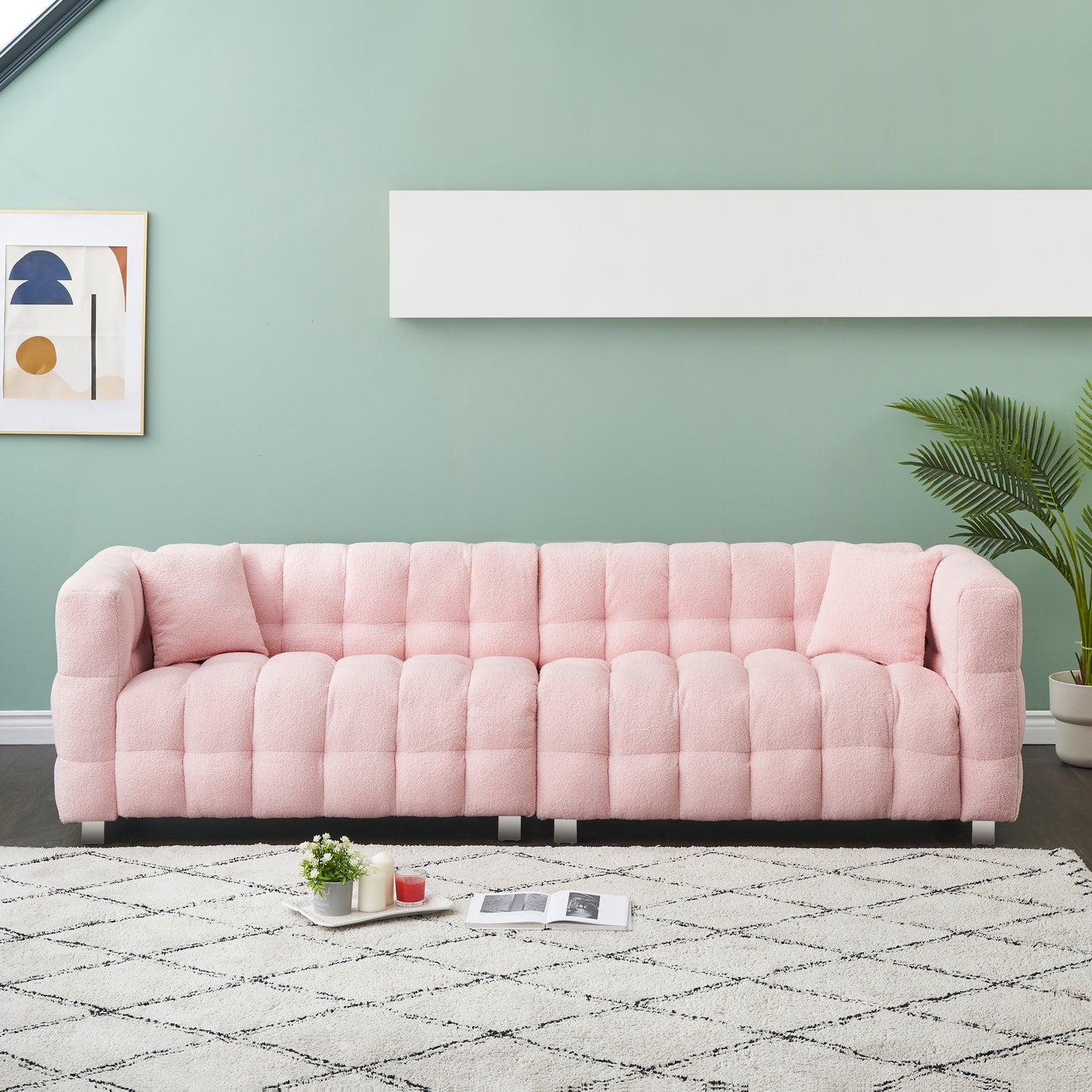 102-inch pink teddy fleece sofa with two throw pillows in living room Bedroom apartment sofa supported by hardware feet