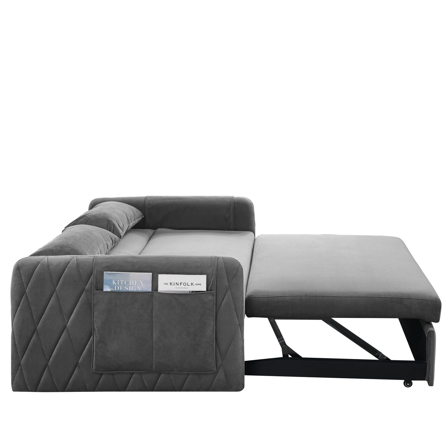 55" Modern Convertible Sofa Bed with 2 Detachable Arm Pockets, Velvet Loveseat Sofa with Pull Out Bed, 2 Pillows and Living Room Adjustable Backrest, Grid Design Armrests