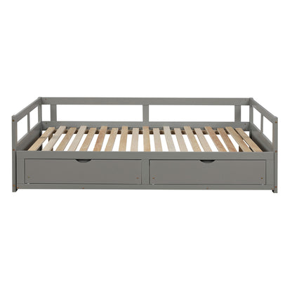 Wooden Daybed with Trundle Bed and Two Storage Drawers, Extendable Bed Daybed,Sofa Bed for Bedroom Living Room, Gray