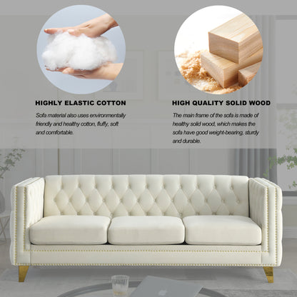 Velvet Sofa for Living Room,Buttons Tufted Square Arm Couch, Modern Couch Upholstered Button and Metal Legs, Sofa Couch for Bedroom, Beige Velvet(W834S00023)