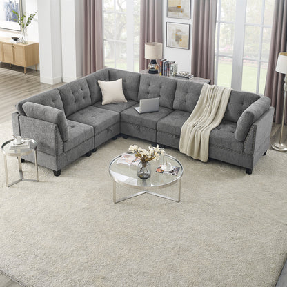 L shape Modular Sectional Sofa,DIY Combination,includes Three Single Chair and Three Corner,Grey Chenille