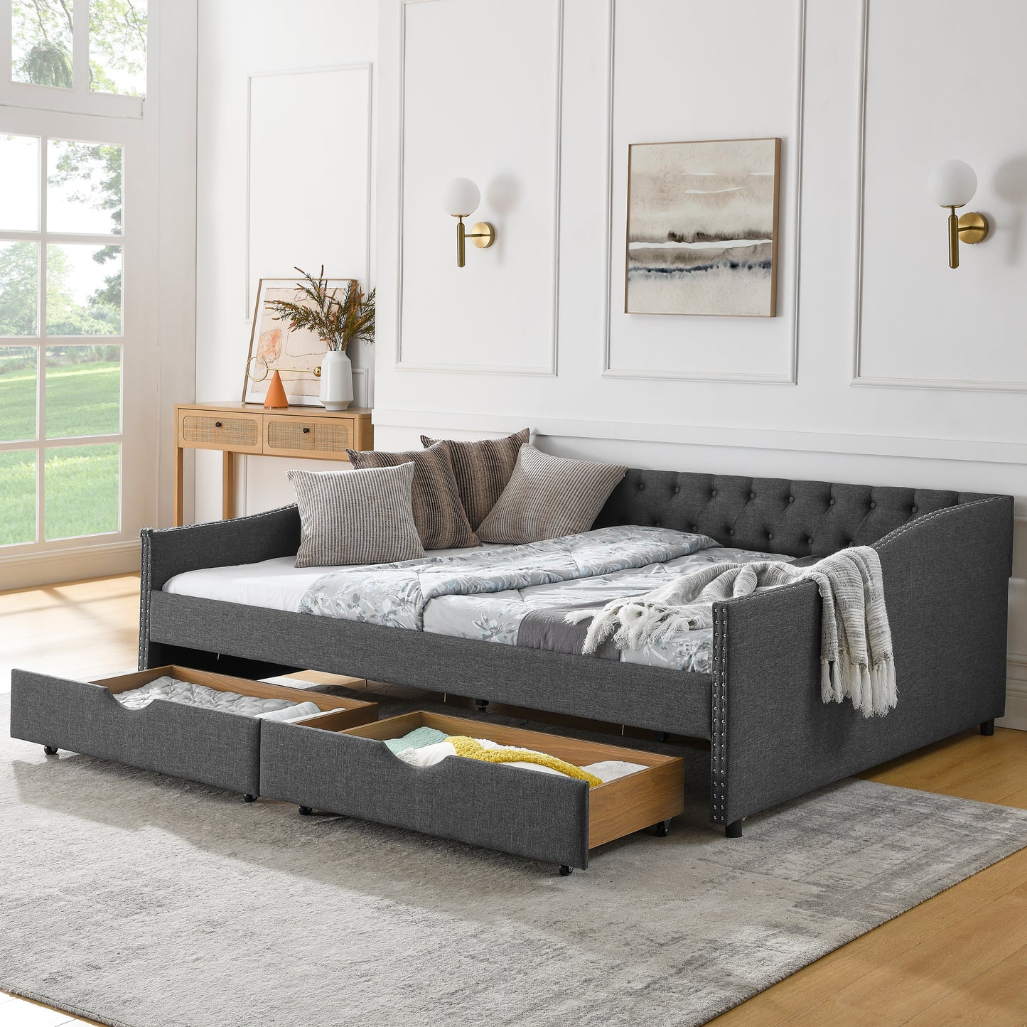 Queen Size Daybed with Drawers Upholstered Tufted Sofa Bed,,with Button on Back and Copper Nail on Waved Shape Arms(84.5"x63.5"x26.5")