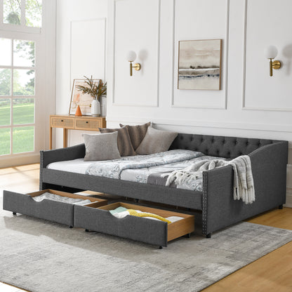 Queen Size Daybed with Drawers Upholstered Tufted Sofa Bed,,with Button on Back and Copper Nail on Waved Shape Arms(84.5"x63.5"x26.5")