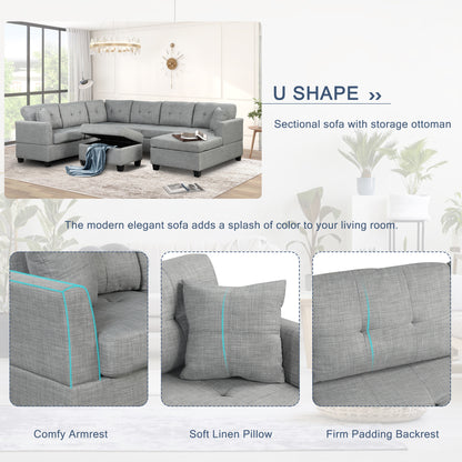 121.3" Oversized Sectional Sofa with Storage Ottoman, U Shaped Sectional Couch with 2 Throw Pillows for Large Space Dorm Apartment