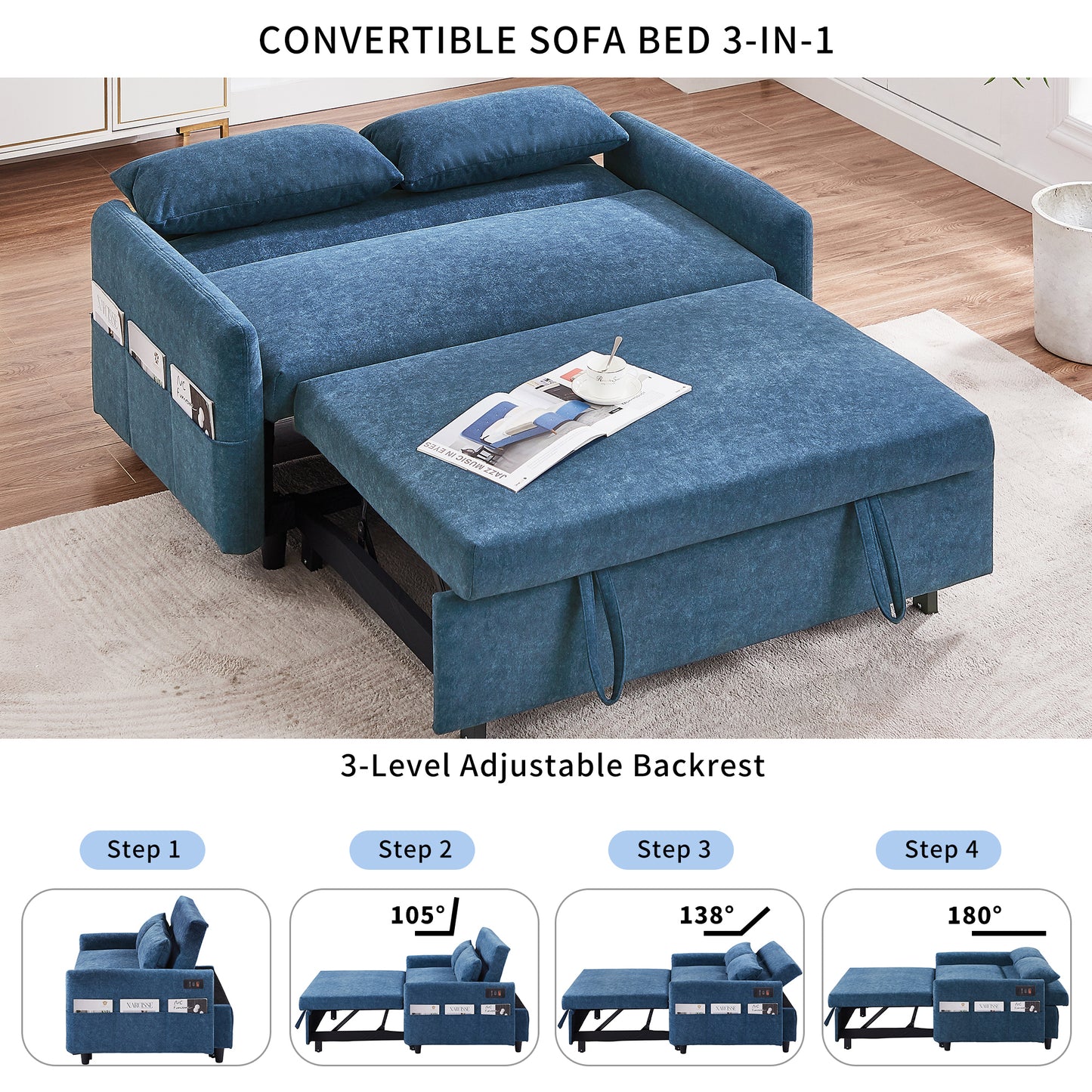 55.1" Pull Out Sleep Sofa Bed Loveseats Sofa Couch with Adjsutable Backrest, Storage Pockets, 2 Soft Pillows, USB Ports for Living Room, Bedroom, Apartment, Office, Blue (Old SKU WF307821AAC)