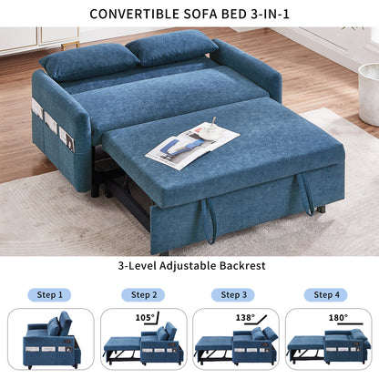 55.1" Pull Out Sleep Sofa Bed Loveseats Sofa Couch with Adjsutable Backrest, Storage Pockets, 2 Soft Pillows, USB Ports for Living Room, Bedroom, Apartment, Office, Blue (Old SKU WF307821AAC)