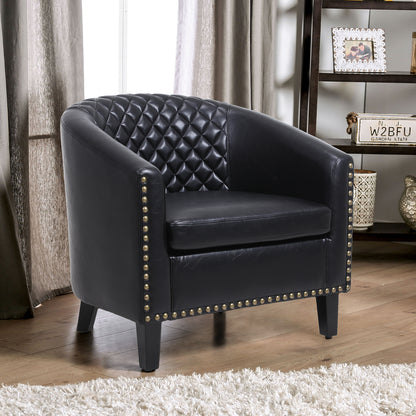 Barrel Chairs with Soft Padded Armrest, Club Chairs with nailheads and solid wood legs for Living Room Bedroom Waiting Room (Black PU)