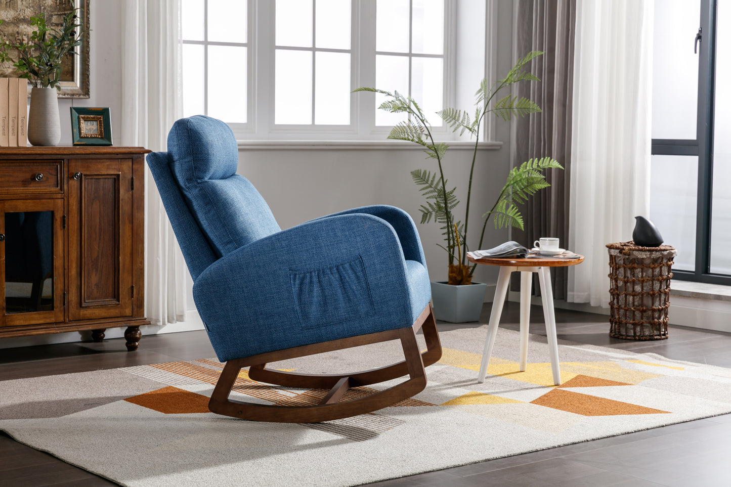 Rocking Chair, Modern Glider Chair, Recliner Armchair with Wood Legs and Side Pocket, Nursery Rocking Accent Chair with High Back for Living Room Bedroom (Blue linen)