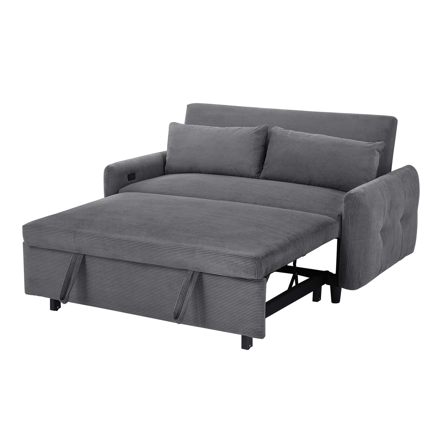 57.48" Pull-out Sofa Bed Convertible Couch 2 Seat Loveseat Sofa Modern Sleeper Sofa with Two Throw Pillows and USB Ports for Living Room, Dark Grey