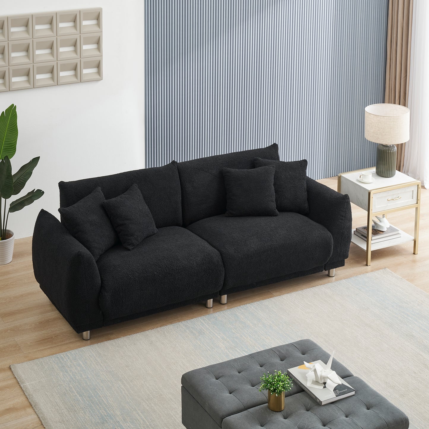 86.6 inch teddy fleece black sofa with four throw pillows hardware feet can be placed in the apartment bedroom to sit comfortably without taking up space