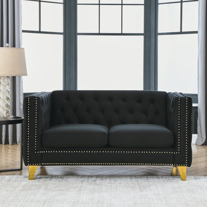 Velvet Sofa for Living Room,Buttons Tufted Square Arm Couch, Modern Couch Upholstered Button and Metal Legs, Sofa Couch for Bedroom, Black Velvet-2S