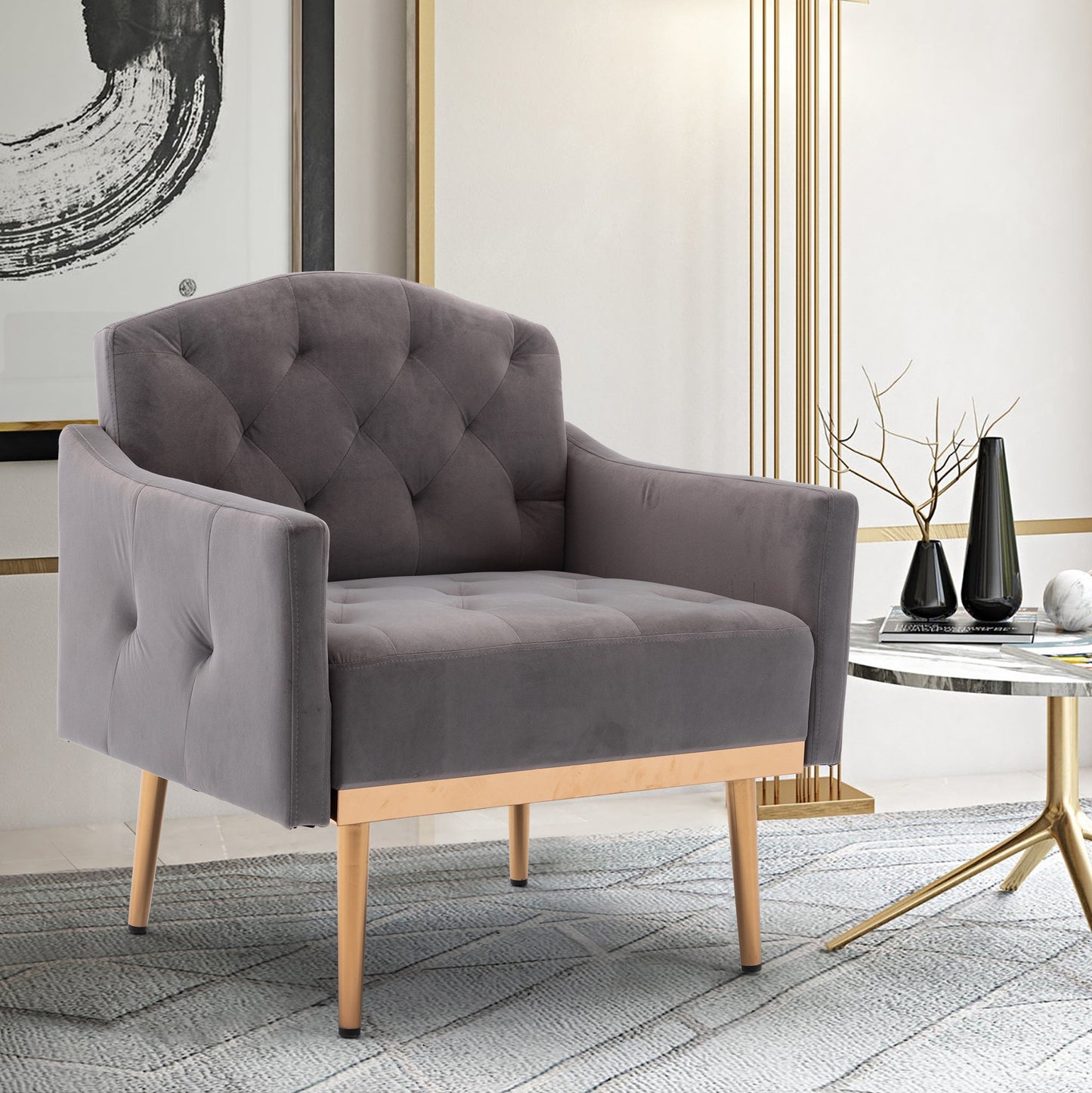 Modern Accent Chair with Arms, Tufted Decorative Fabric Armchair with Gold Metal Legs, Upholstered Reading Chair for Living Room Bedroom Office