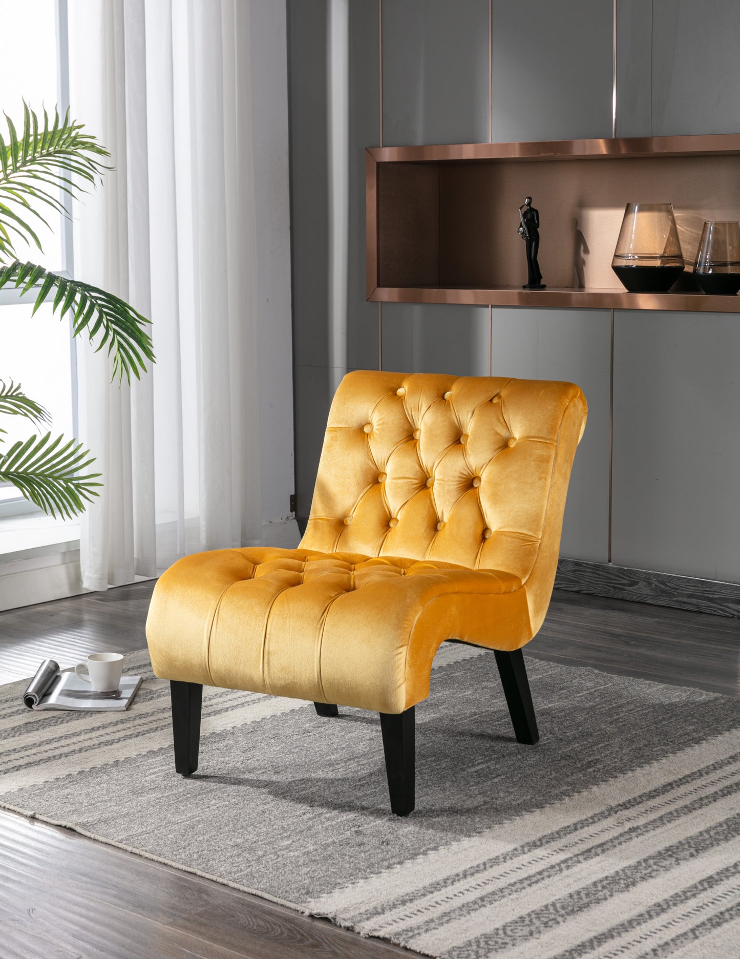 Modern Velvet Armless Accent Living Room Chair / Leisure Chair,Upholstered Fabric Button Comfortable Chair with Wooden Legs for Bedroom, Living Room, Office (Mustard Velvet)