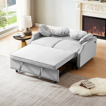 54.7" Multiple Adjustable Positions Sofa Bed Stylish Sofa Bed with a Button Tufted Backrest, Two USB Ports and Four Floral Lumbar Pillows for Living Room, Bedroom,or Small Space, Light Grey