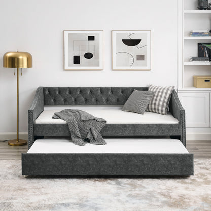 Size Daybed with Twin Size Trundle Upholstered Tufted Sofa Bed, with Button on Back and Copper Nail on Waved Shape Arms, Grey (80.5"x41"x30.5")