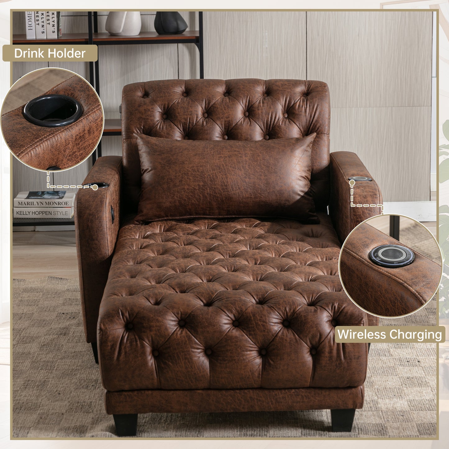 Multifunctional Living Room Leisure Chaise Lounge Barry Tufted Comfy Armchair Wireless Charging, Smooth Reclining Backrest & Lumbar Pillow for Home Apartment (Brown linen)