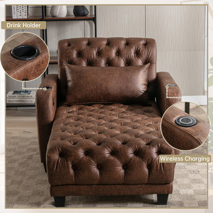 Multifunctional Living Room Leisure Chaise Lounge Barry Tufted Comfy Armchair Wireless Charging, Smooth Reclining Backrest & Lumbar Pillow for Home Apartment (Brown linen)