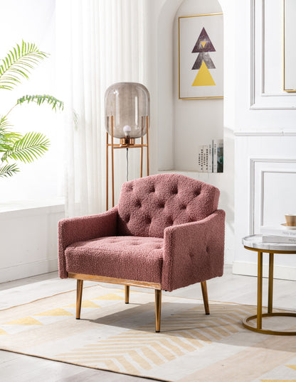 Modern Accent Chair with Arms, Tufted Decorative Fabric Armchair with Gold Metal Legs, Upholstered Reading Chair for Living Room Bedroom Office