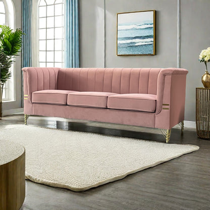 Modern Designs Velvet Upholstered Living Room Sofa, 3 Seat Sofa Couch with Golden Metal Legs for Home, Apartment or Office Pink SOFA