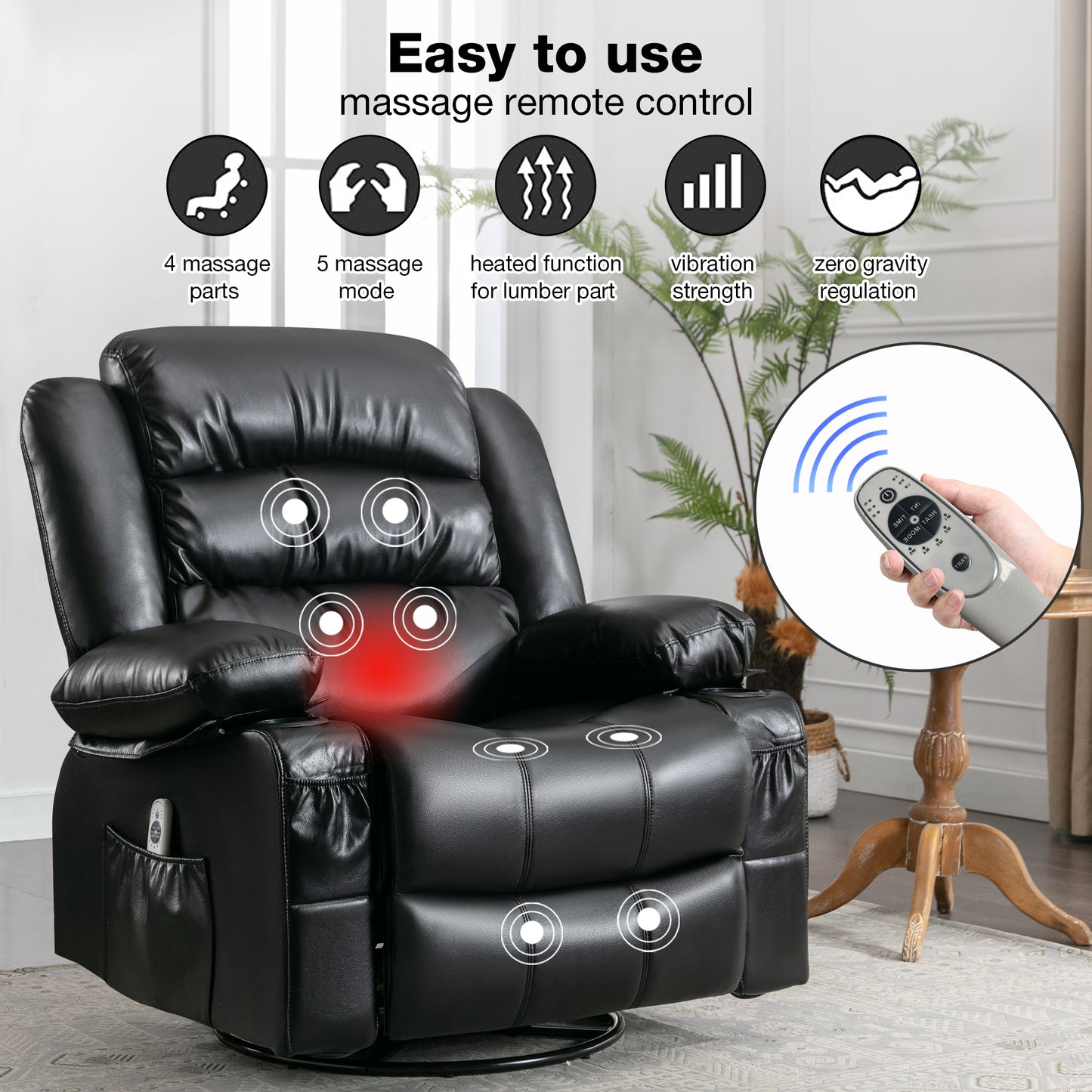 Massage Swivel Rocker Recliner Chair with Vibration Massage and Heat Ergonomic Lounge Chair for Living Room with Rocking Function and Side Pocket  2 Cup Holders USB Charge Port,black.