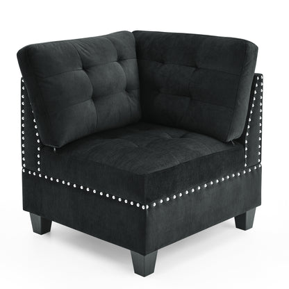 L shape Modular Sectional Sofa,DIY Combination,includes Three Single Chair,Two Corner and Two Ottoman,Black Velvet.