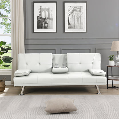 Sofa Bed with Armrest two holders WOOD FRAME, STAINLESS LEG, FUTON WHITE PVC