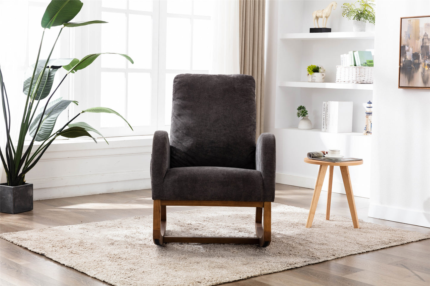 Rocking Chair, Modern Glider Chair, Recliner Armchair with Wood Legs and Side Pocket, Nursery Rocking Accent Chair with High Back for Living Room Bedroom (Dark Gray linen)