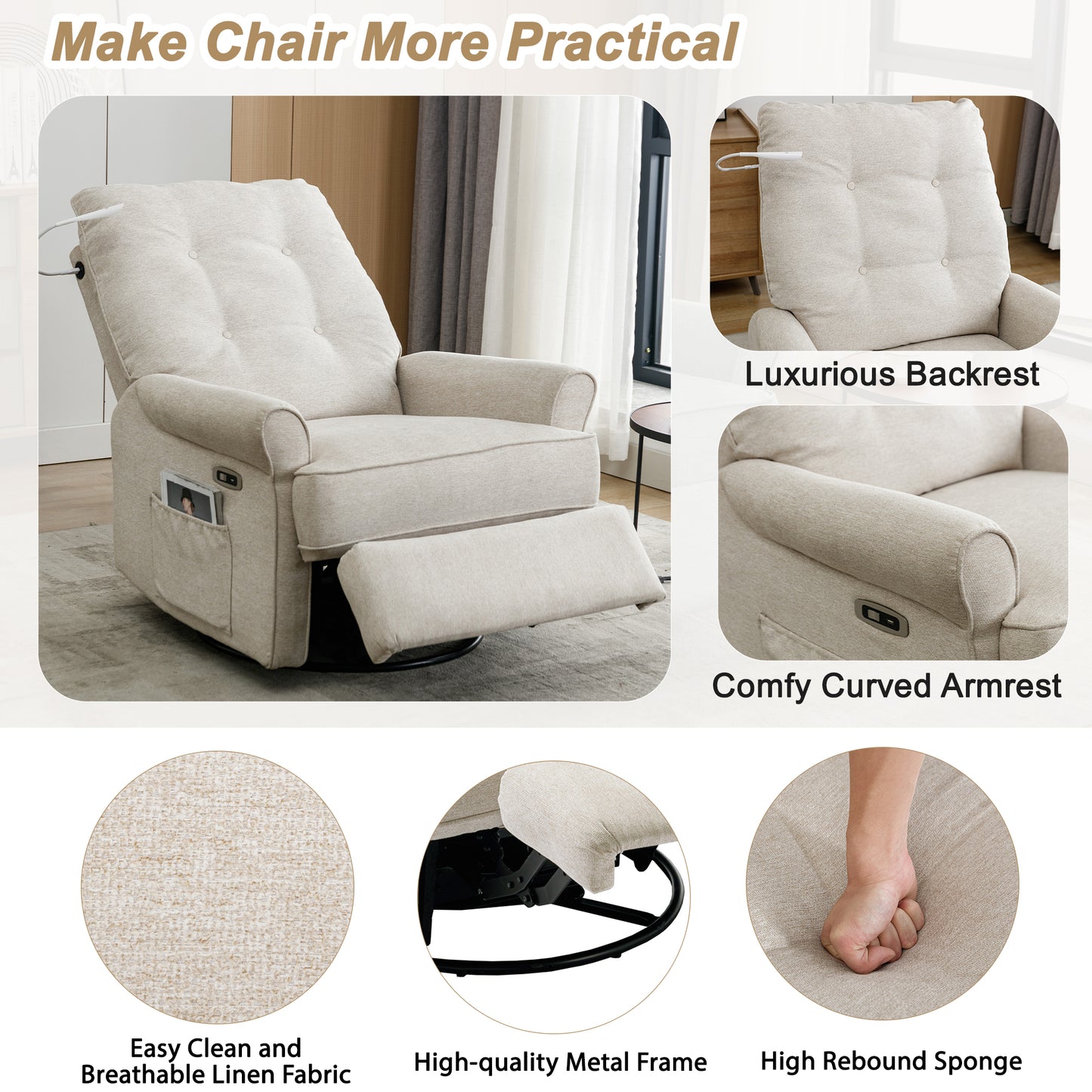 Reclining Chair 270 Degree Swivel Recliner Chairs with USB Port, Side Pocket and Touch Sensitive Lamp for Living Room, Bedroom, Cream