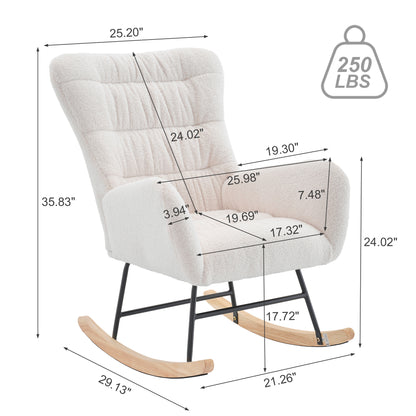 Rocking Chair, Teddy Upholstered Glider Rocker, Rocking Accent Chair with High Backrest, Comfy Rocking Accent Armchair for Living Room, Bedroom, Offices, WHITE