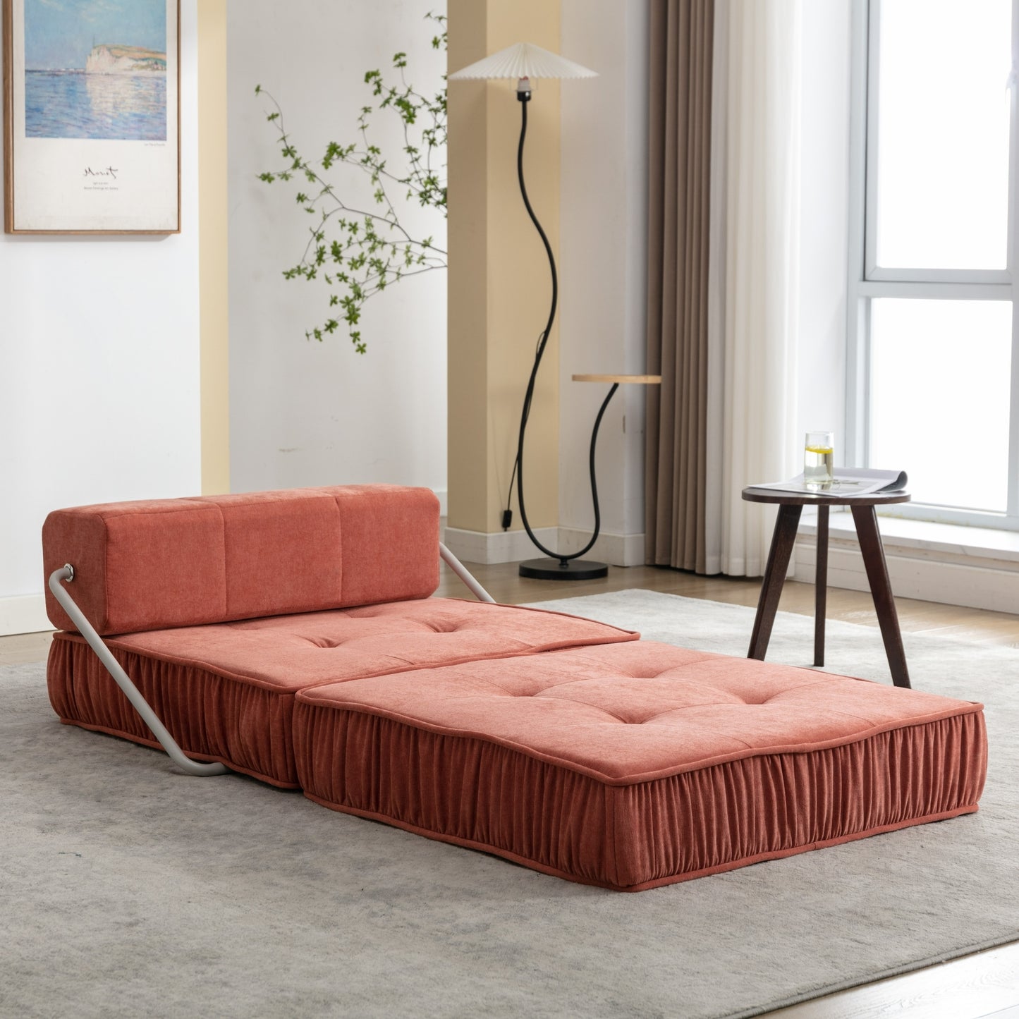 Folding Sofa Bed, Futon Sleeper Chair, Convertible Chair Floor Couch & Sleeping Mattress for Living Room, Guest Room, Home Office, Apartment, Small space, Bed, Removable Back Cushion, Orange, 1 Seat