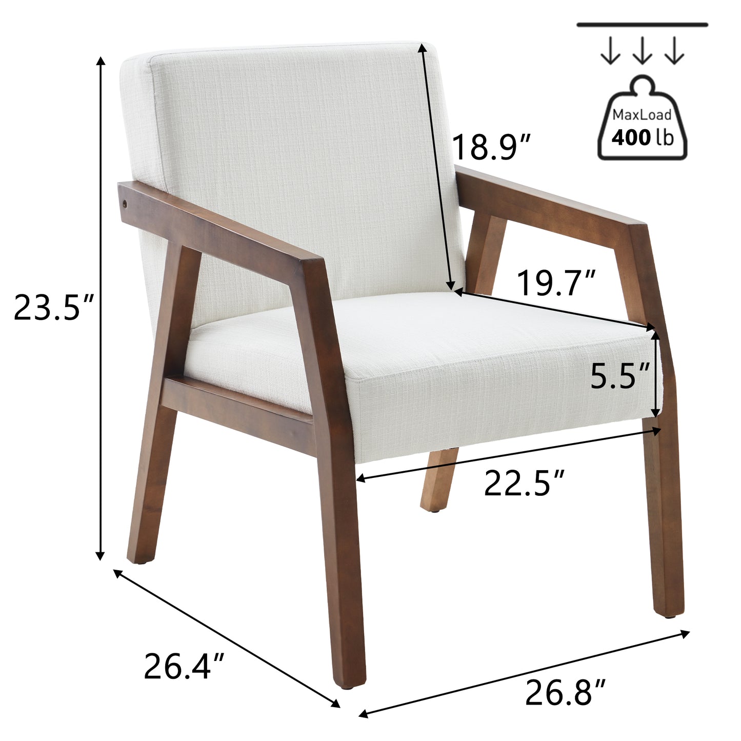 Solid Wooden Mid-Century Modern Accent Chair, Upholstered Arm Chair for Living Room, Bedroom, Linen Fabric Reading Chair, Side Chair, White