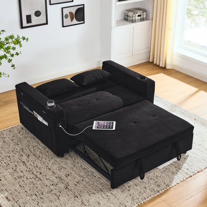 54" Pull-Out Sleeper Sofa Bed Double Seat Recliner Sofa Bed with Armrests with Storage and Side Pockets, Adjustable Backrest and Lumbar Pillow for Apartments, Living Rooms, etc. with USB Power Outlet