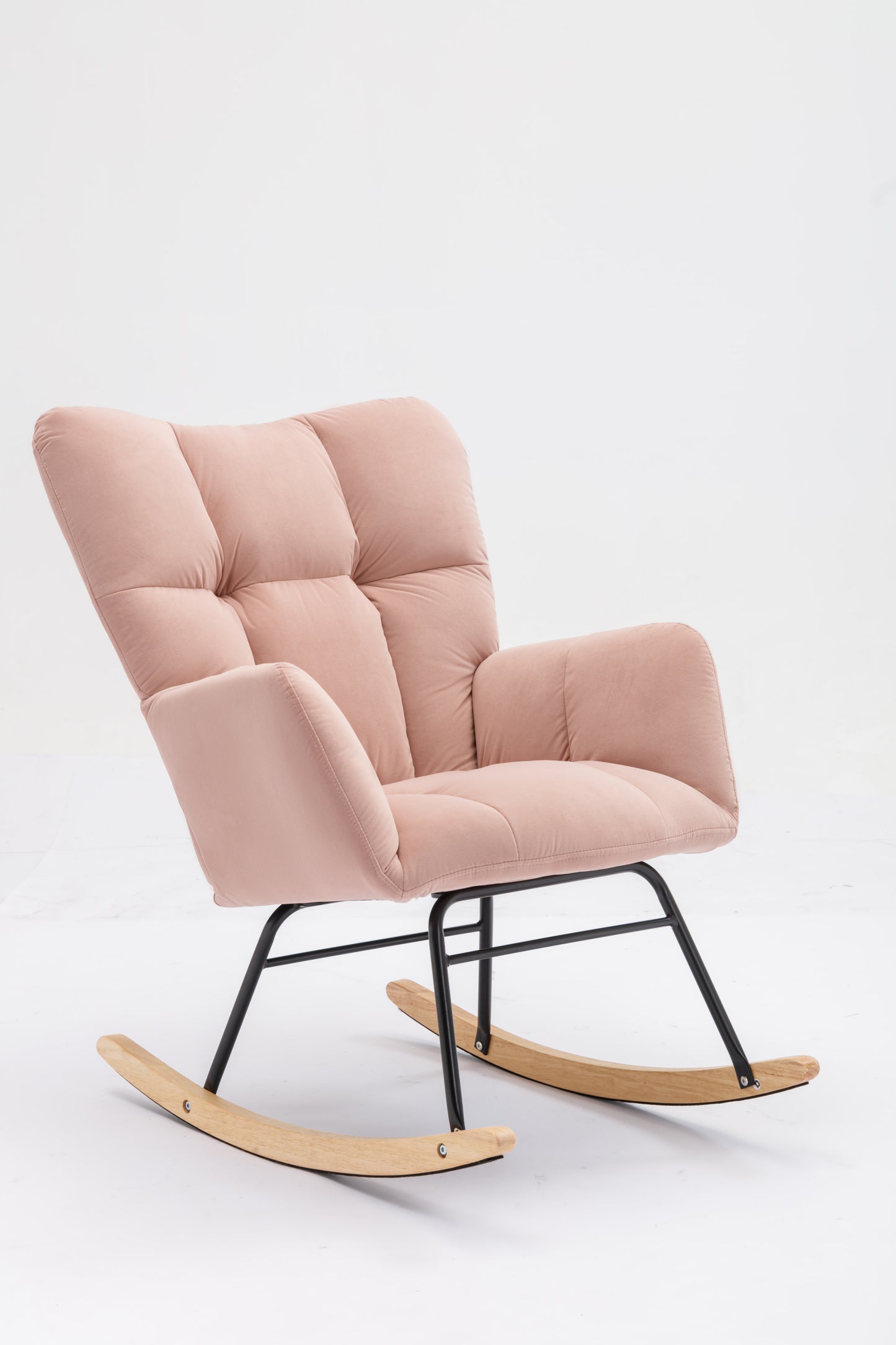 Mid Century Modern Velvet Tufted Upholstered Rocking Chair Padded Seat for Living Room Bedroom, Pink