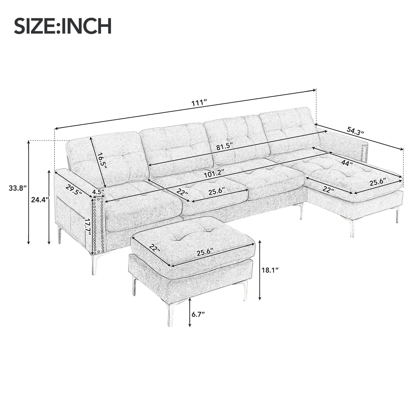 110" L-Shape Convertible Sectional Sofa Couch with Movable Ottoman for Living Room, Apartment, Office, Yellow