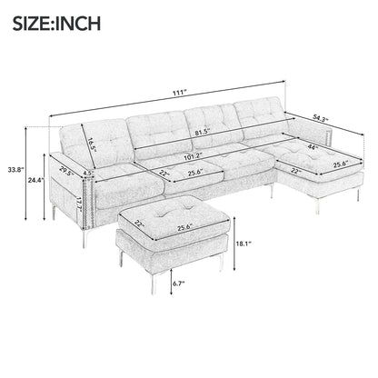 110" L-Shape Convertible Sectional Sofa Couch with Movable Ottoman for Living Room, Apartment, Office, Green