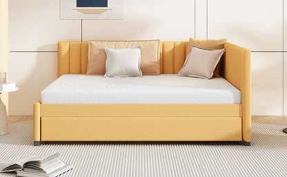 Full Size Upholstered Daybed with Trundle Sofa Bed Frame No Box Spring Needed, Linen Fabric(Yellow)