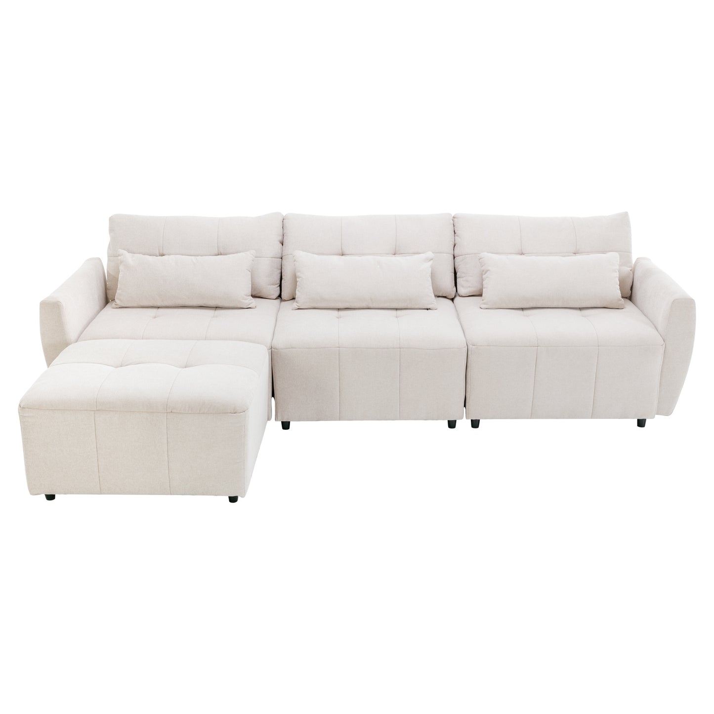 113.3" Convertible Sectional Sofa Couch 3-Seat L-Shaped Sofa with Movable Ottoman and USB for Apartment, Living Room, Bedroom, Beige