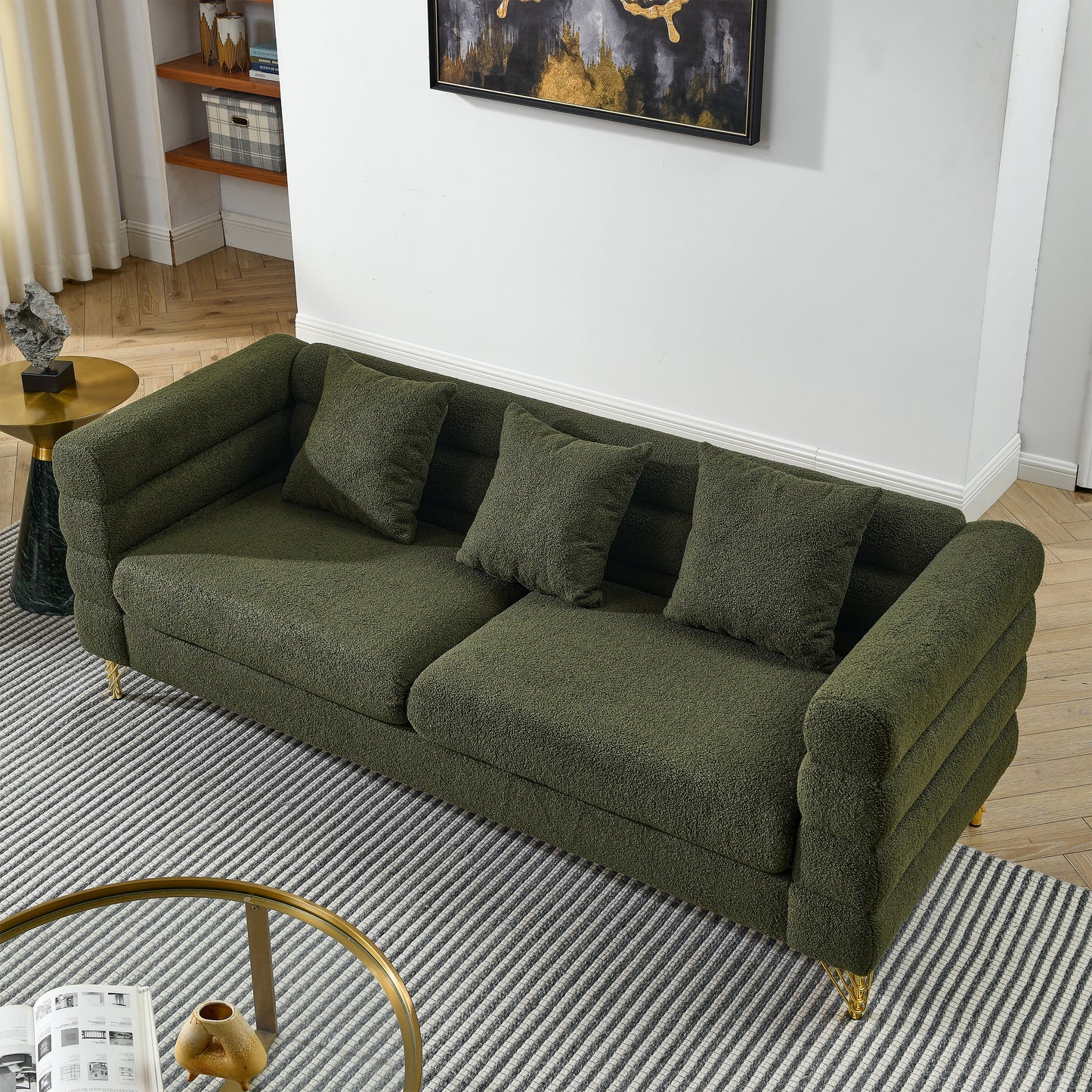 81Inch Oversized 3 Seater Sectional Sofa, Living Room Comfort Fabric Sectional Sofa - Deep Seating Sectional Sofa, Soft Sitting with 3 Pillows for Living Room, Bedroom, Office Green teddy