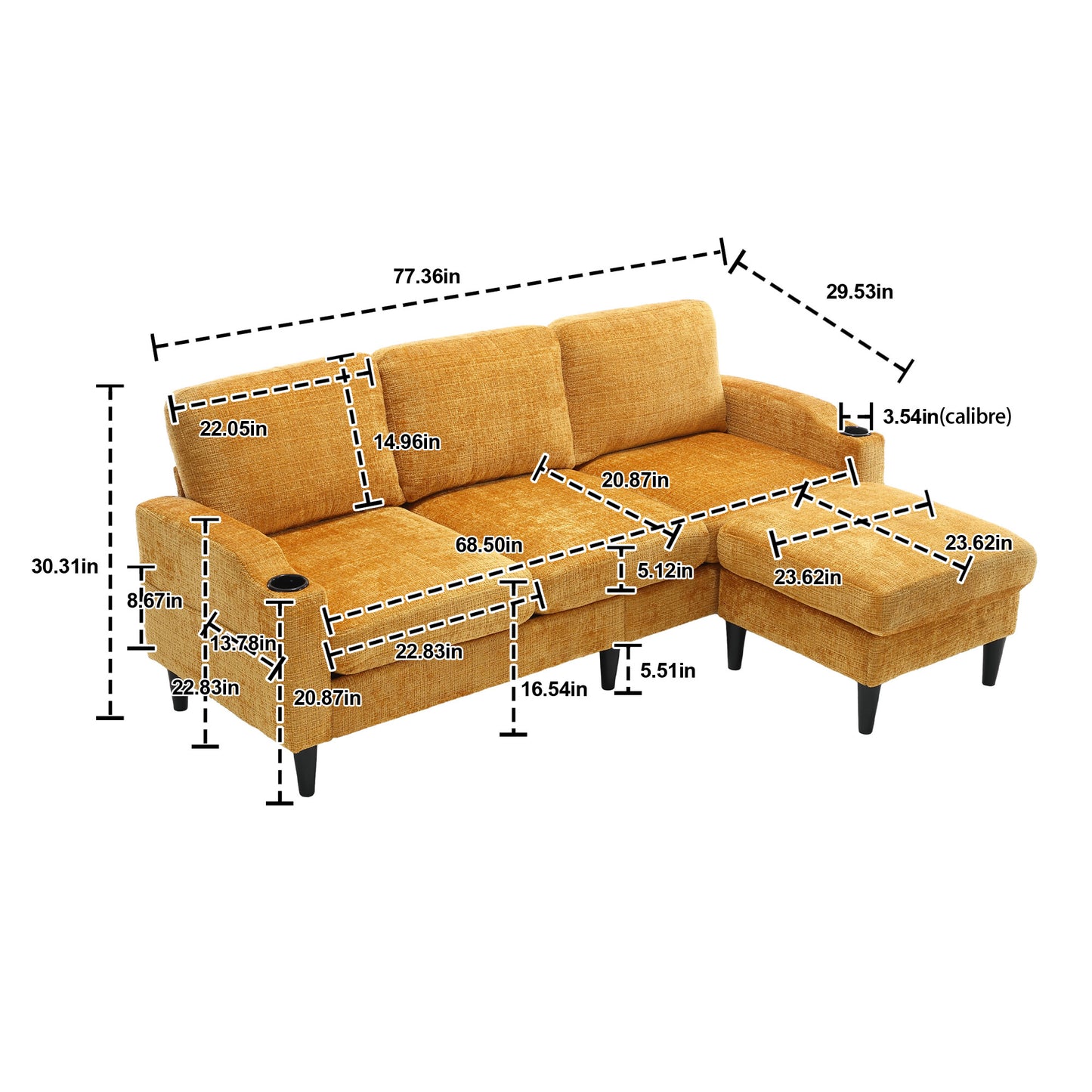 Sofa for three, solid wood frame, Chenille fabric, side pocket, with two cup holders, footstool with storagestorage sofa /Living room sofa cozy sectional sofa