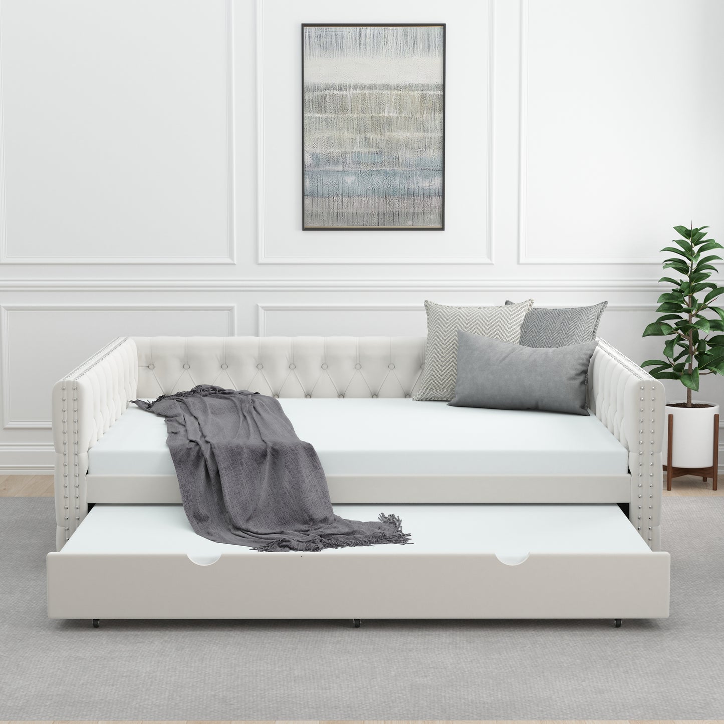 Daybed with Trundle Velvet Upholstered Tufted Sofa Bed, with Button and Copper Nail onSquare Arms,Full Daybed & Twin Trundle- For Bedroom, Living Room, Guest Room,(83"x57"x26")