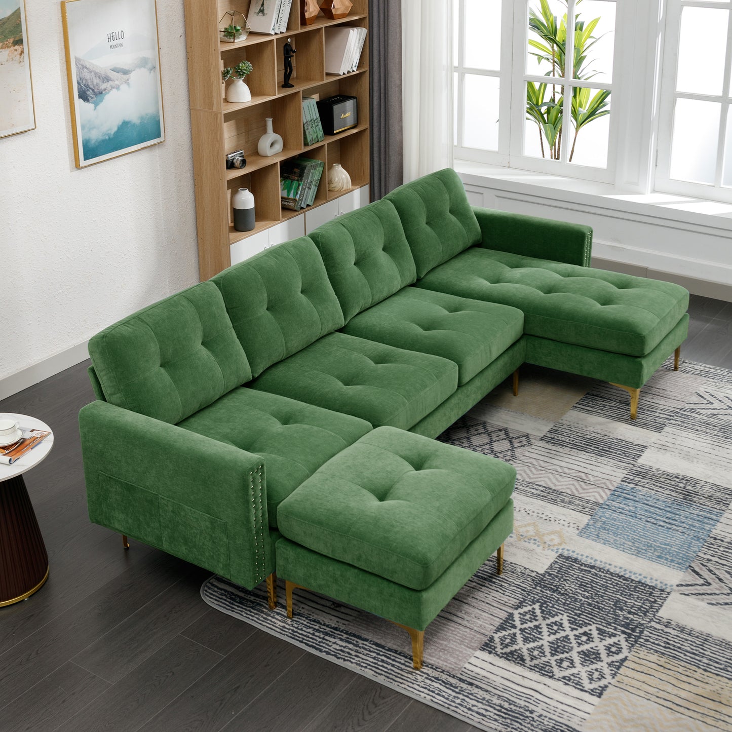 110" L-Shape Convertible Sectional Sofa Couch with Movable Ottoman for Living Room, Apartment, Office, Green