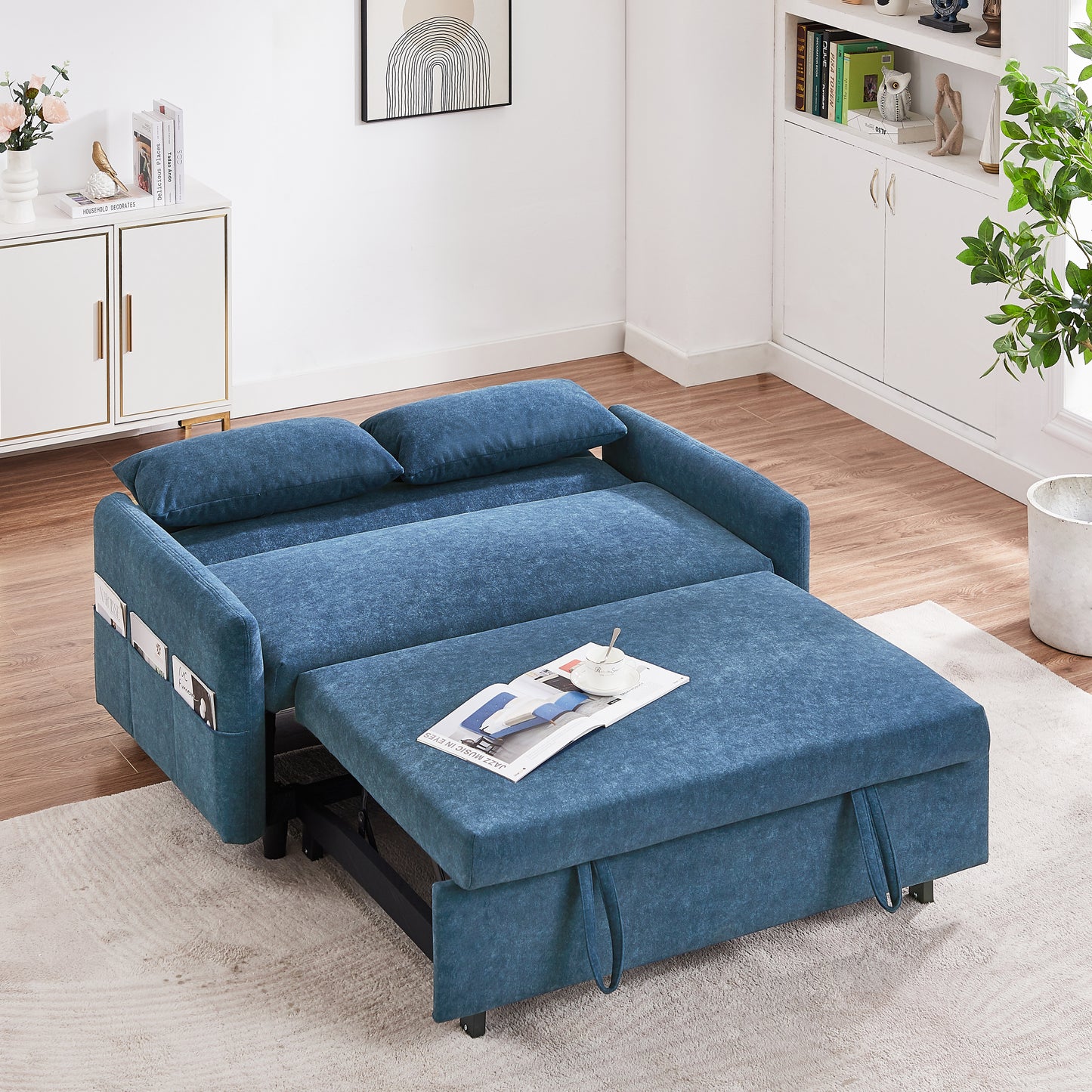 55.1" Pull Out Sleep Sofa Bed Loveseats Sofa Couch with Adjsutable Backrest, Storage Pockets, 2 Soft Pillows, USB Ports for Living Room, Bedroom, Apartment, Office, Blue (Old SKU WF307821AAC)