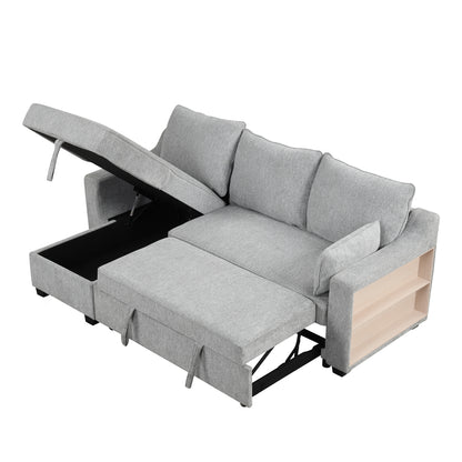 90" Pull Out Sleeper Sofa L-Shaped Couch Convertible Sofa Bed with Storage Chaise, Storage Racks and USB Ports, Light Grey